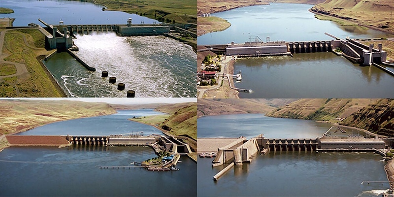 The the four Lower Snake River dams (Ice Harbor, Lower Monumental, Little Goose, Lower Granite) in Washington and Idaho. (Bureau of Reclamation photo)
