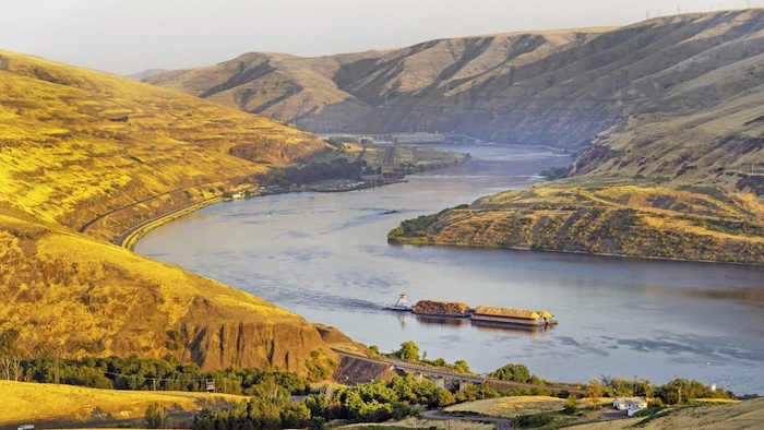 River barge transporting logs and wheat grain on the Snake River. (Harald Sund / Getty Images)