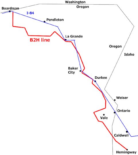Boardman to Hemingway is a 500 kV line that will connect Boardman, OR to Hemingway, ID. This line will consist of 1200 towers as high as 200′, spanning 305 miles, and requiring a minimum 250’-wide clear cut.