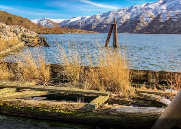 View upstream from Boyer Park with snow on mountains adjacent to the Lower Snake River.