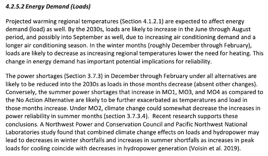 CRSO Draft excerpt: The power shortages in December through February under all alternatives are likely to be reduced into the 2030s as loads in those months decrease (absent other changes).  Conversely, the summer power shortages that increase in MO1, MO3, and MO4 as compared to the No Action Alternative are likely to be further exacerbated as temperatures and load in those months increases.