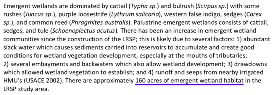 CRSO Excerpt: There are approximately 160 acres of emergent wetland habitat in the Lower Snake River Projects study area.
