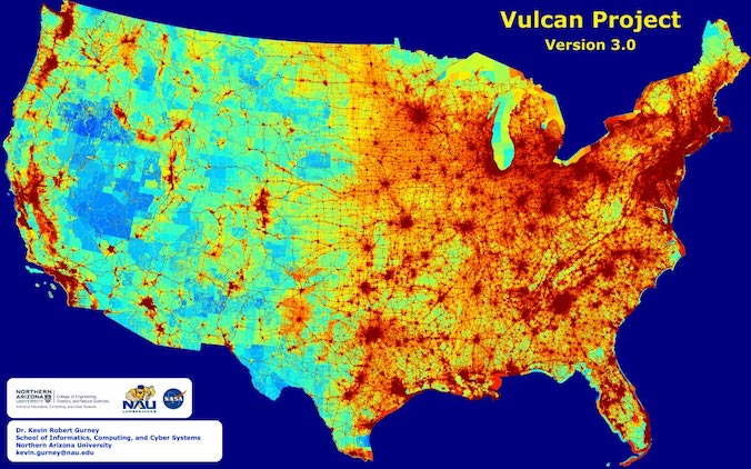 Map: Emissions map of entire U.S. landscape at high space- and time-resolution with details on economic sector, fuel and combustion process. Credit: Courtesy Northern Arizona University