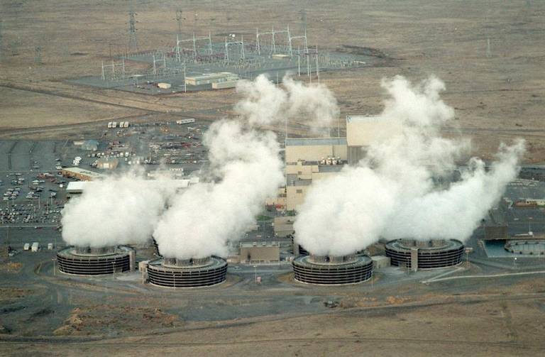 Cooling Towers emit steam above Energy Northwest's Columbia Generating Station.  The Northwest's only nuclear power plant is near Richland, Washington.