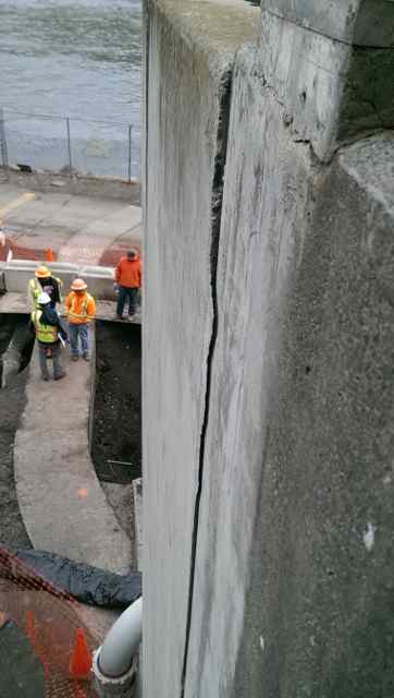 Crack on west wall of fish holding tank at Lower Granite Dam on the Lower Snaker River.