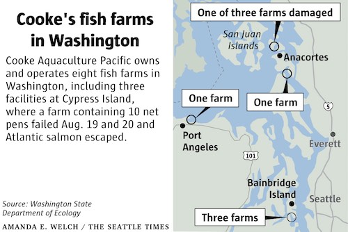 Map: Fish Farm locations of Cooke in the Puget Sound.