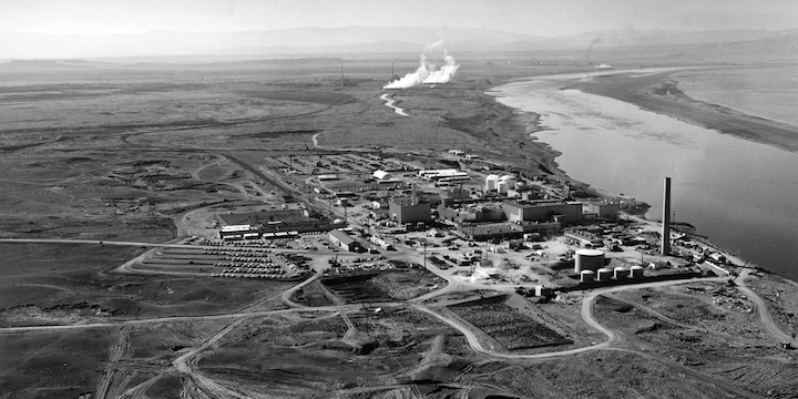 Hanford's plutonium creating reactor -- for Oppenheimer's bomb -- on Columbia River (Wikimedia public domain)