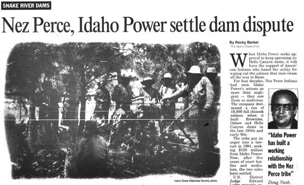 Idaho Statesman article from when Hells Canyon dams construction strikes a deal with the Nez Perce tribe.