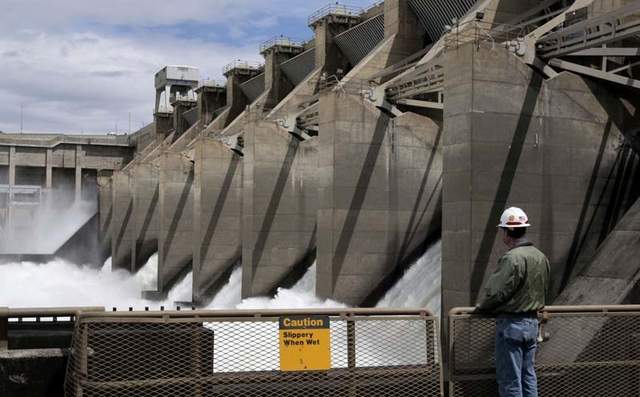 Spring runoff spills over Ice Harbor dam, which sits just a few miles above the Snake River's confluence with the mighty Columbia River in southeastern Washington state.