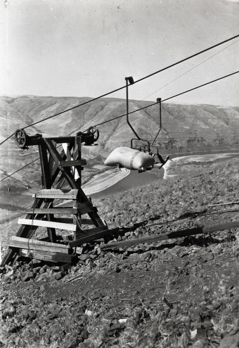 This image shows grain being carried downhill on the Interior Tram in 1932. (Courtesy of the WSU Library's MASC)