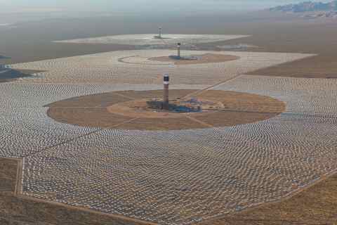 Aerial view of Ivanpah which focuses solar radiation to boil steam, turn a turbine and produce electricity. (photo credit: BusinessWire)