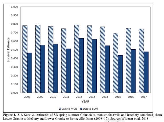 Juvenile salmon survival rates through Lower Snake River dams and then on through four more dams on the Columbia River (source: NOAA Fisheries 2019 FCRPS Biological Opinion