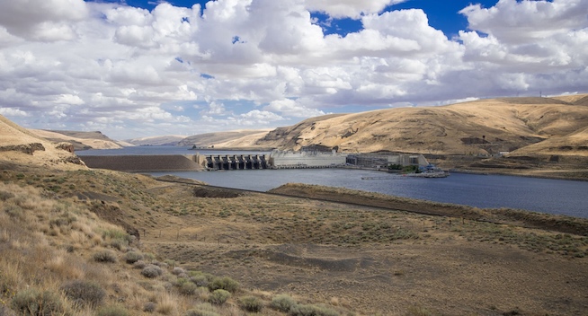 Little Goose Dam construction started on the Snake River near Starbuck in June 1963. It is 2,655 feet long with an effective height of about 100 feet. It has six turbines. (Brigida I. Sanchez, Army Corps of Engineers)