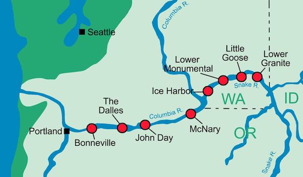 Map: Lower Snake River Dam: Ice Harbor, Lower Monumental, Little Goose and Lower Granite are the four dams advocates hope to see breached. (Courtesy Corps of Engineers)