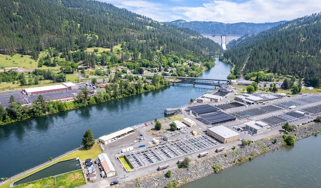 This photo captured with a drone shows the Dworshak Fish Hatchery and the Dworshak Dam on Thursday in Ahsahka.