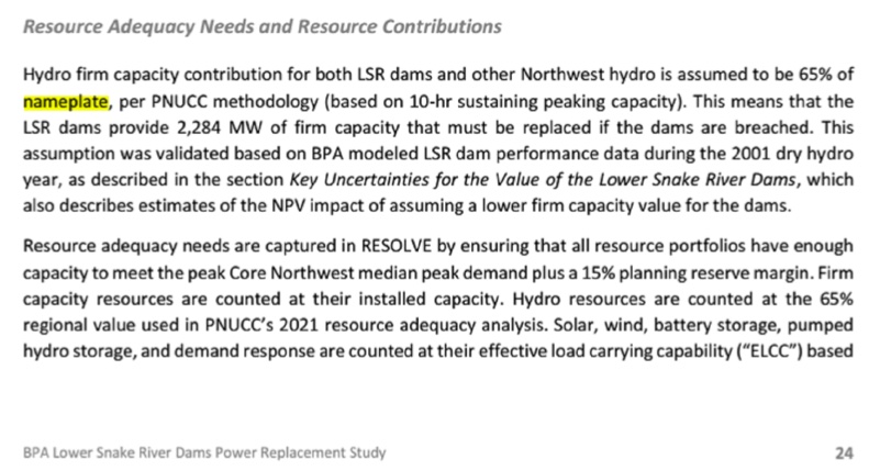 Excerpt from July 2022  BPA Lower Snake River Dams Power Replacement Study: 'Hydro firm capacity contribution for both LSR dams is assumed to be 65% of nameplate, per PNUCC' (Pacific Northwest Utility Conference Committee).