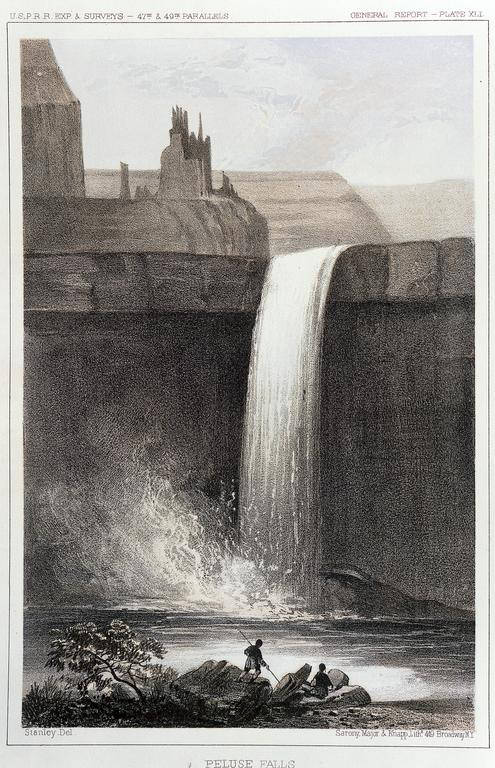 Drawing of Palouse Falls with native people fishing below the falls, by John Mix Stanley, 1853 published in U.S.P.R.R. Exp. & Surveys 47th & 49th Parallels