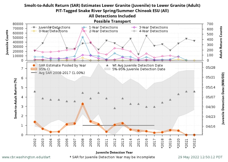 Smolt to Adult Return (SAR) estimates for Spring/Summer Chinook passing Lower Granite dam on their migration to and from the Pacific Ocean.