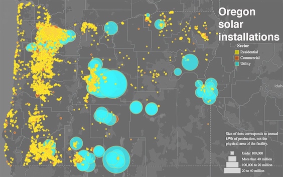 Map: Solar installations in Oregon, click for interactive map.