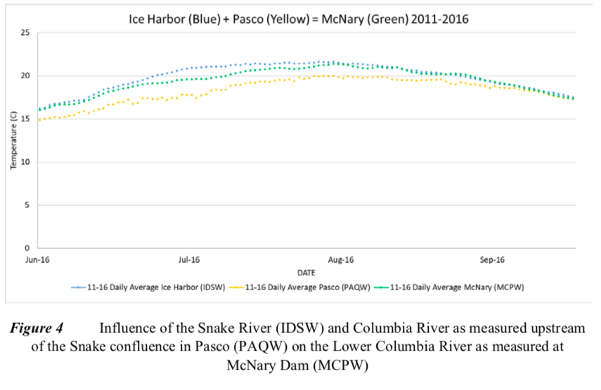 Graphic: The Snake River, although about one-fifth the size of the Columbia River, significantly influences the temperature at their confluence. (source: EPA's Columbia Cold Water Refuge Plan)
