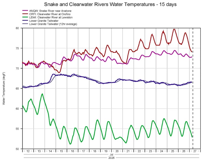 River temperatures in the Clearwater and Snake rivers heat up over the weekend. The hot water from those two rivers mixing near Lewiston, Idaho is dangerous for salmon and steelhead that prefer cooler water temperatures. The U.S. Army Corps of Engineers (USACE) has a tool to help cool the river -- Dworshak Dam. By releasing cold water from Dworshak on July 25, USACE kept river temperatures behind Lower Granite Dam at 66.1 degrees or less.