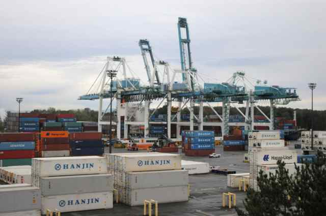 Port of Portland, Oct. 17, 2014. Operations were halted for two days at Terminal 6 on North Marine Drive, where ICTSI Oregon operates the terminal for the Port of Portland. The longshore workers have been in a long-running dispute with ICTSI over a variety of issues. This week's shutdown involved a dispute over pay in previous weeks. (Mark Graves photo)