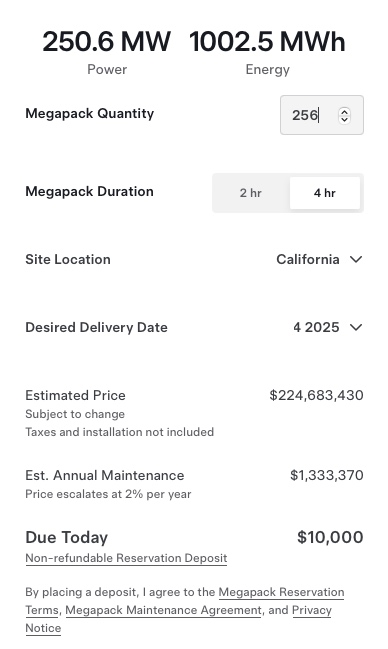 Pricing for Tesla Megapacks as of March 2025
