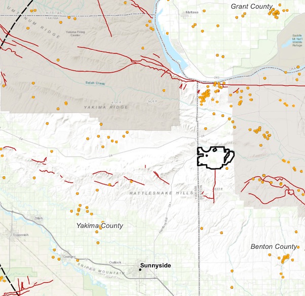 Map: Wautoma Solar will lay on the south facing hills of Rattlesnake Ridge, Northeast of Sunnyside, Washington.