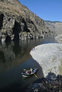 Salmon River fishing guide Norm Klobetanz rows his drift boat off a gravel bar to resume steelhead fishing with Amy Sinclair, co-owner of Exodus Wilderness Adventures based in Riggins, Idaho.
