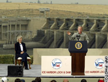 (AP Photo) President Bush and Interior Secretary Gale Norton visited the Ice Harbor Lock and Dam near Burbank, Wa., last month.