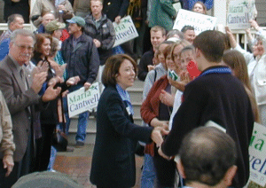 Maria greeting supporters in Vancouver.