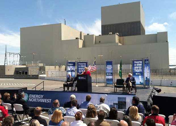 (Richard Dickin) Washington Gov. Chris Gregoire speaks Thursday during her first visit to the Columbia Generating Station, Energy Northwest Nuclear Power Plant near Richland. She was at a celebration of the renewal of the plant's operating license until 2043.