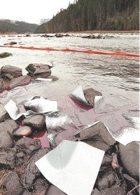 (Barry Kough - Lewiston Tribune)Absorbent pads and plastic booms contain diesel fuel spilled into the Clearwater River.