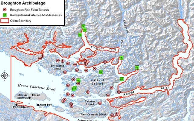 Map showing location of salmon farms on Broughton Archipelago off northeastern Vancouver Island.