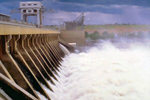 McNary Dam spillways let loose a portion of the Columbia River during springtime floods.