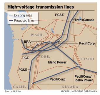 Map of high voltage transmission lines in the Pacific Northwest, existing and proposed.