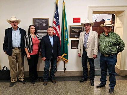 Left to right: Dick McNeilly, Sarah Ryan, Ty Meyer, Bill Ryan and Sonny Riley outside the office of Cathy McMorris Rodgers. (Washington Cattlemen's Association Photo
