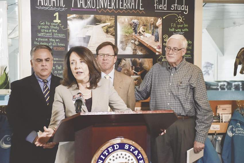 Sen. Maria Cantwell, front, speaks at a press conference Aug. 3 regarding a bill that would allow for the killing of predatory sea lions that have been impacting local populations of fish in the Columbia River watershed including salmon. Behind her, from left: Bonneville Power Administration Deputy Administrator Dan James, The Wild Salmon Center President and CEO Guido Rahr and former Lower Columbia Fish Recovery Board Executive Director Jeff Breckel.