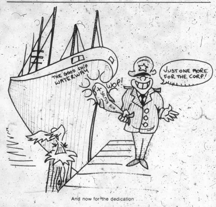 Cartoon pokes criticism at the upcoming Dedication of the Lower Snake River dams, heavily promoted by the Army Corps of Engineers.