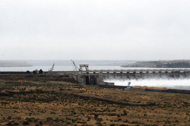 McNary Dam spills water over spillway during the spring runoff.