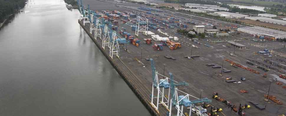 Containers await movement at Terminal 6 Port of Portland.