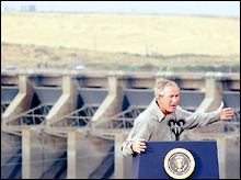 (Reuters: Rick Wilking) At Ice Harbor Dam: President Bush recently made a stop on the Snake River in Washington State, where he made a point of talking about government recovery efforts for endangered salmon.