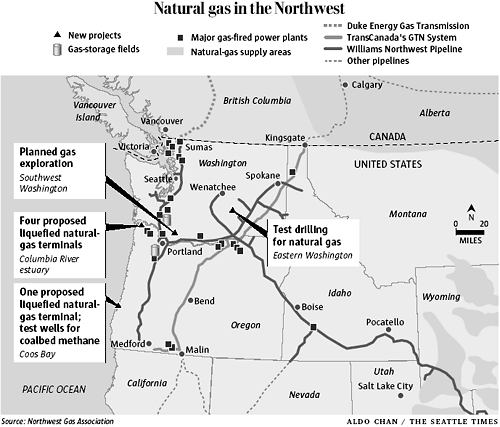 Map of natural gas facilities and pipelines in the Northwest